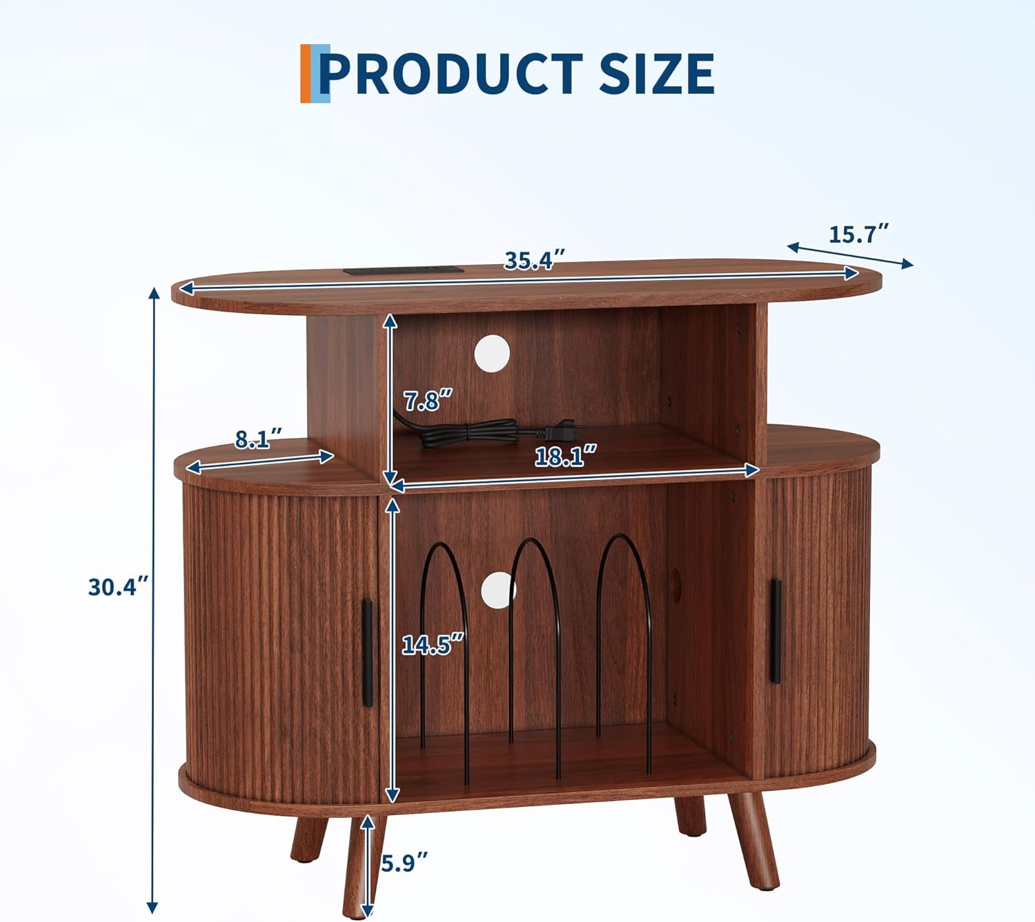 35'' Fluted Mid Century Modern Turntable Cabinet, Large round Record Player Stand with Charging Station and Display Shelf, Arched Wood Record Player Table for Living Room