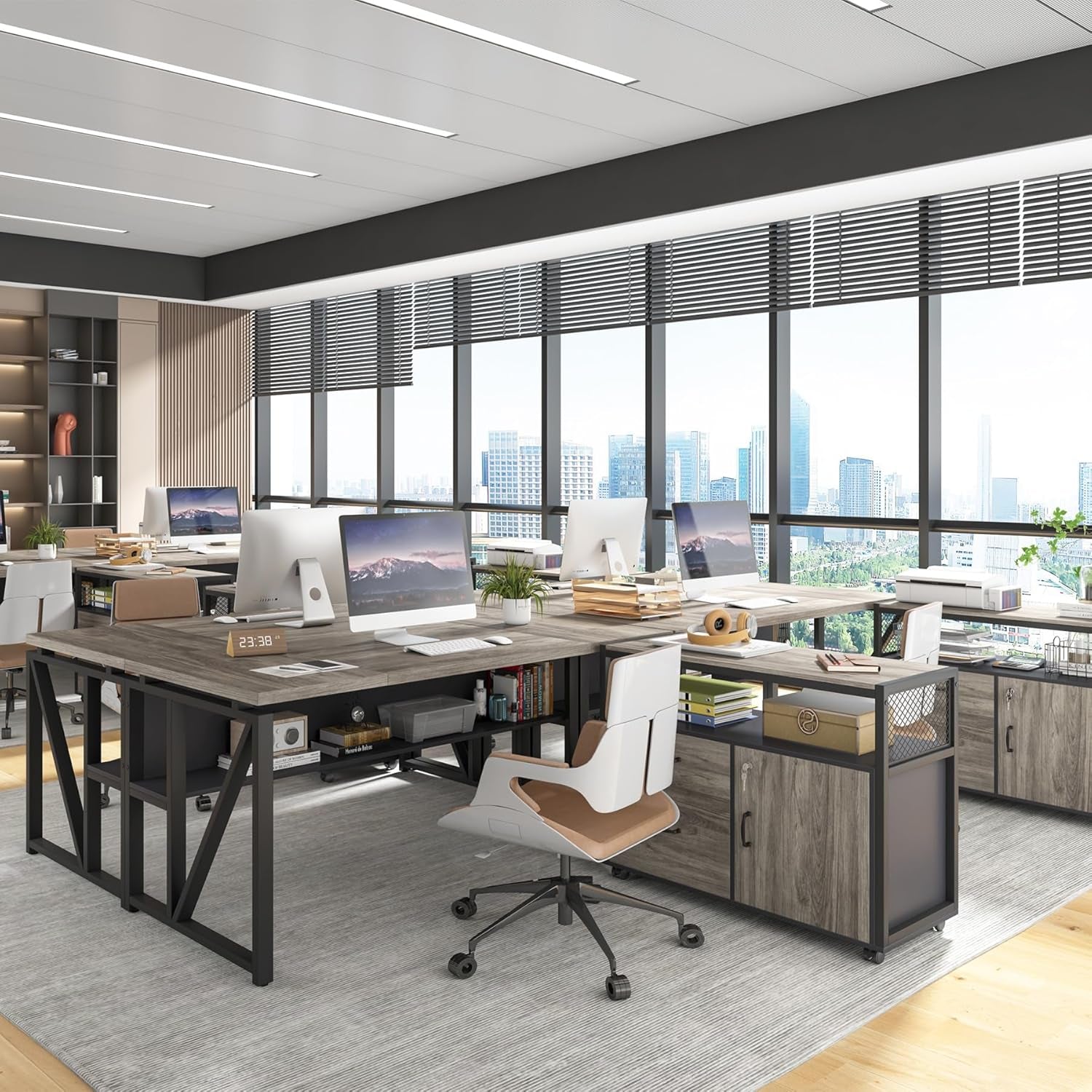 L Shaped Desk with Drawer Cabinet, 63" Executive Computer Desk and Lateral File Cabinet, 2 Piece Home Office Furniture with Drawers for Hanging File, Doors with Locks (Gray, 63 Inches)