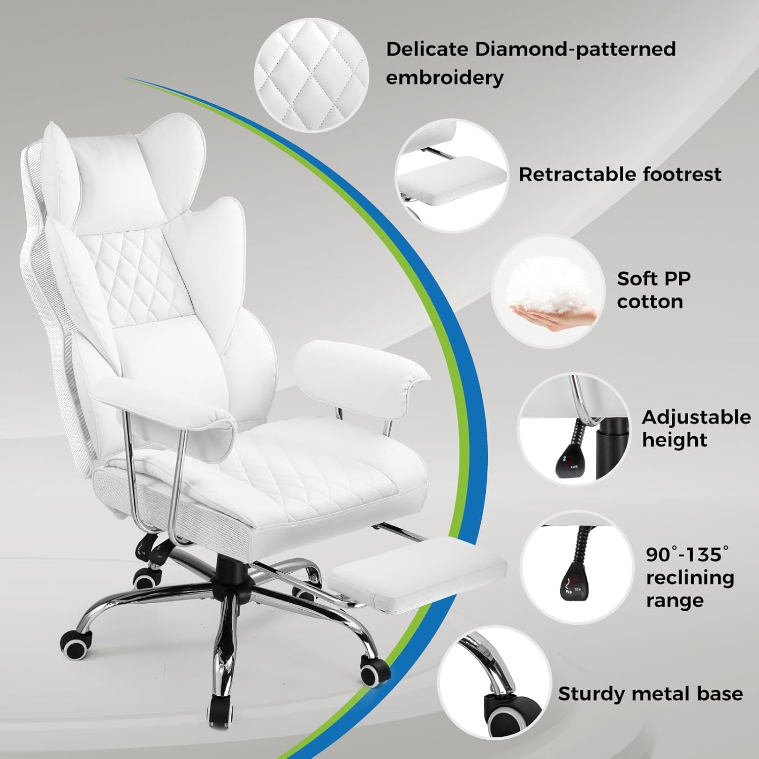 Gaming Chair,Office Chair with Pocket Spring Lumbar Support, Ergonomic Comfortable Wide Office Desk Computer Chair with Outward Fixed Soft Armrests and Footrest,(Pu Leather, White)