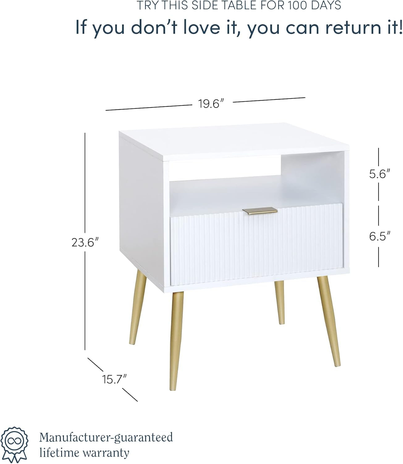 Jacklyn White Nightstand, Gold Accent Bedside Table with Storage Drawer, Open Shelf and Mid-Century Golden Legs, White/Gold, Set of 2