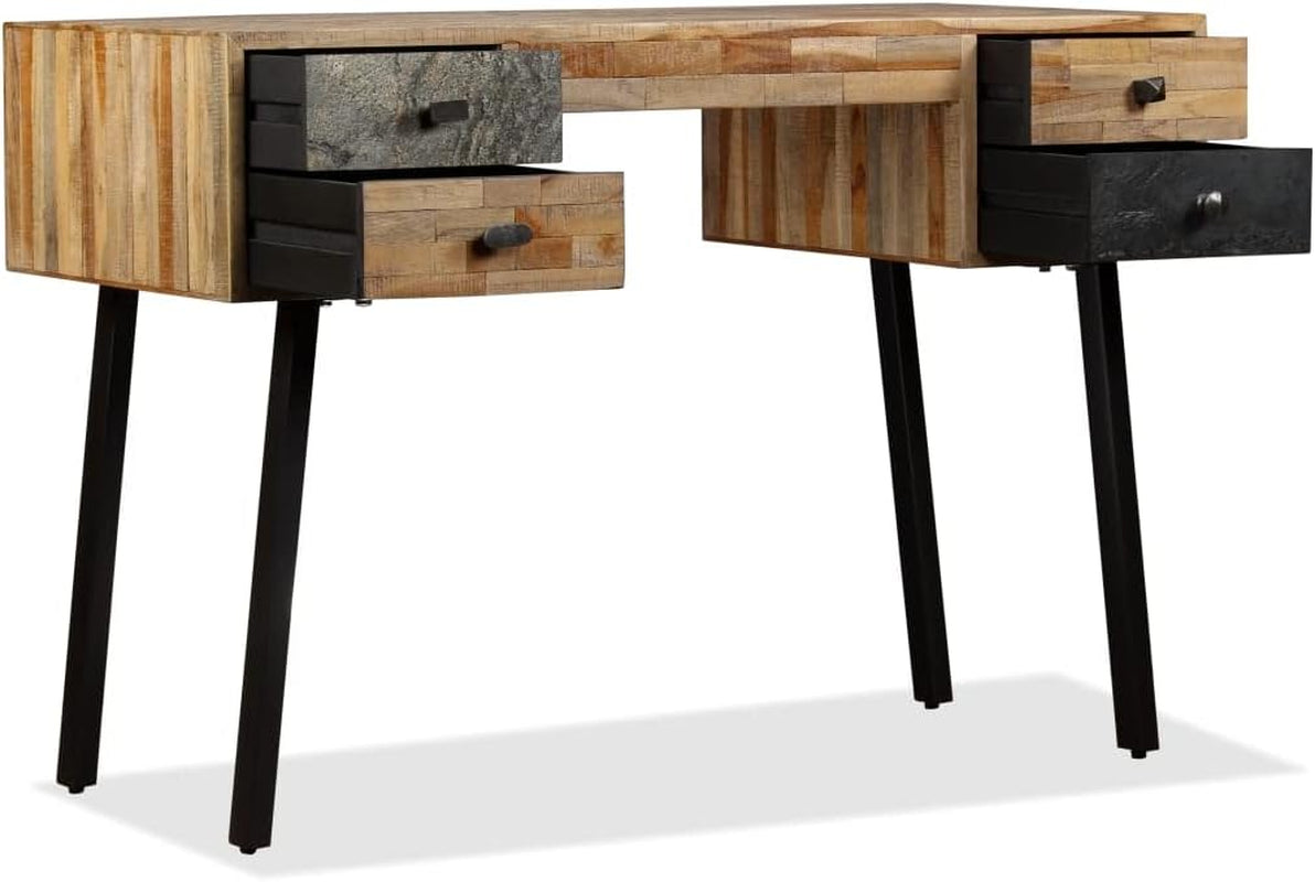 Reclaimed Wood Writing Desk, 43.3 Inch Teak & Steel Computer Table, Modern Home Office Study Furniture with 4 Drawers, Lacquered Finish, 19.7" D X 29.9" H