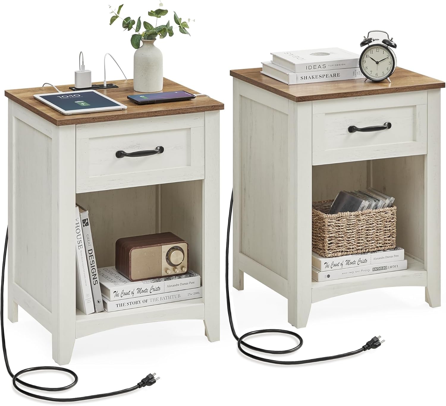 LIRY Collection - Farmhouse Nightstands with Charging Station, Set of 2 Bedside Tables, Side Tables with Drawer, Open Compartment, for Bedroom, Rustic White and Honey Brown ULET859K41