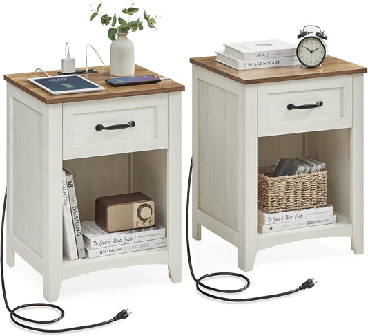 LIRY Collection - Farmhouse Nightstands with Charging Station, Set of 2 Bedside Tables, Side Tables with Drawer, Open Compartment, for Bedroom, Rustic White and Honey Brown ULET859K41