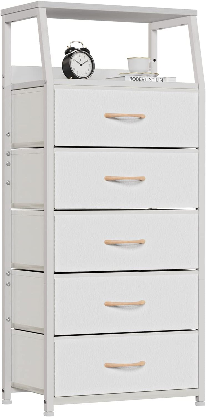 White Dresser with 5 Drawers, Vertical Storage Tower Fabric Dresser for Bedroom, Hallway, Entryway, Nursery, Closet Organizer, Nightstand Bedside Table Furniture, Sturdy Steel Frame, Wood Top
