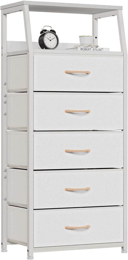 White Dresser with 5 Drawers, Vertical Storage Tower Fabric Dresser for Bedroom, Hallway, Entryway, Nursery, Closet Organizer, Nightstand Bedside Table Furniture, Sturdy Steel Frame, Wood Top