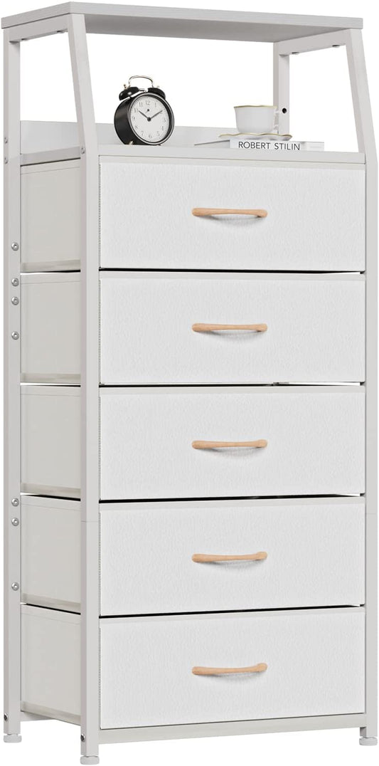 White Dresser with 5 Drawers, Vertical Storage Tower Fabric Dresser for Bedroom, Hallway, Entryway, Nursery, Closet Organizer, Nightstand Bedside Table Furniture, Sturdy Steel Frame, Wood Top
