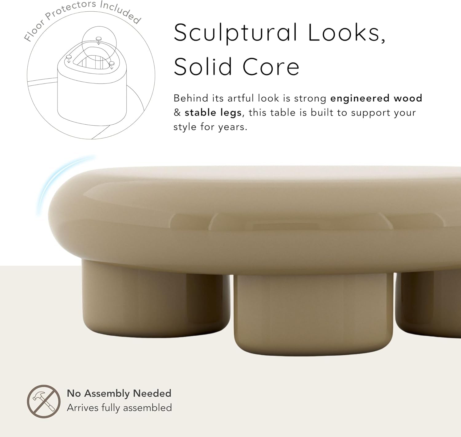 Kavren Modern 37-Inch Oval Glossy Low Profile Coffee Table, Stone Shape Living Room Furniture for Small Space, Ivory