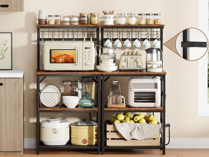 Kitchen Bakers Rack with Power Outlet, Microwave Oven Stand with Storage 4 Tiers, Coffee Bar Table with 6 S Hooks, Kitchen Storage Shelf Rack for Spices, Pots, Rustic Brown