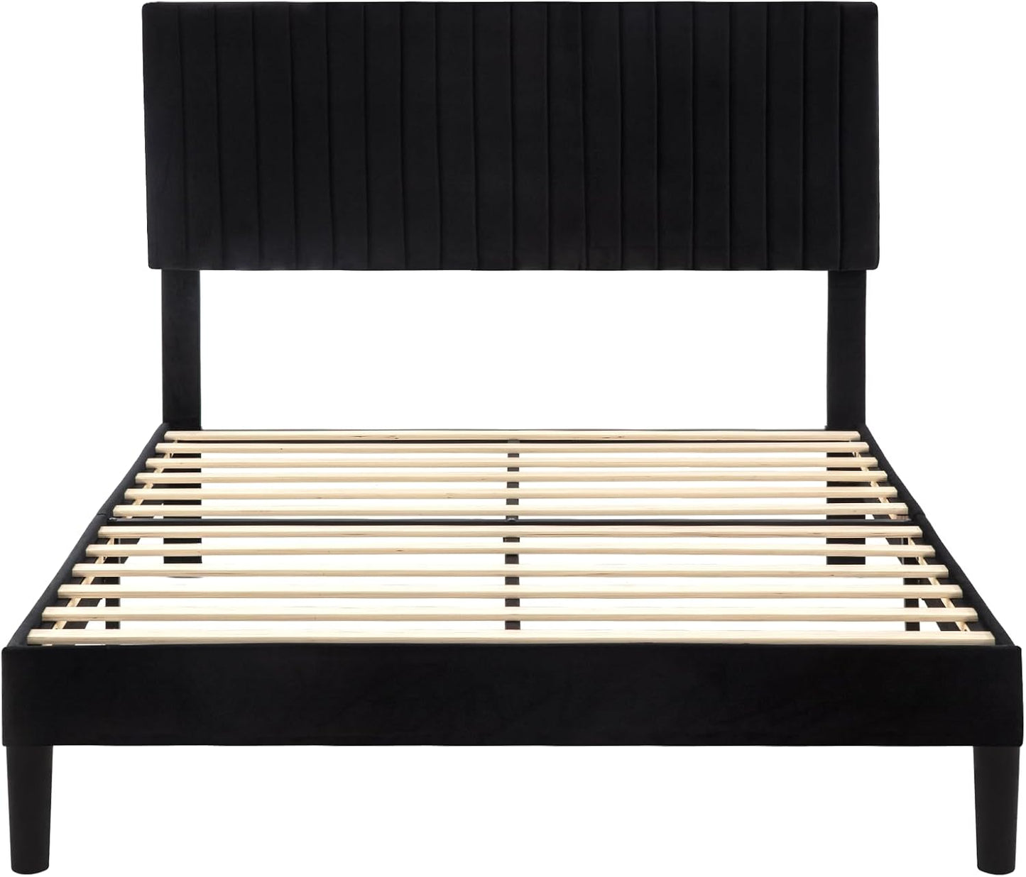 Queen Bed Frame, Velvet Upholstered Platform Bed with Vertical Channel Tufted Headboard, Mattress Foundation with Strong Wooden Slats, Box Spring Optional, Easy Assembly, Black