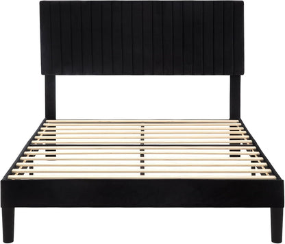 Queen Bed Frame, Velvet Upholstered Platform Bed with Vertical Channel Tufted Headboard, Mattress Foundation with Strong Wooden Slats, Box Spring Optional, Easy Assembly, Black