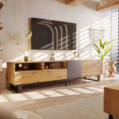 Modern TV Stand with 3 Cabinets & Open Shelves, Minimalist Wooden Entertainment Center for Tvs up to 80”, Sturdy TV Console for Living Room Bedroom Decor