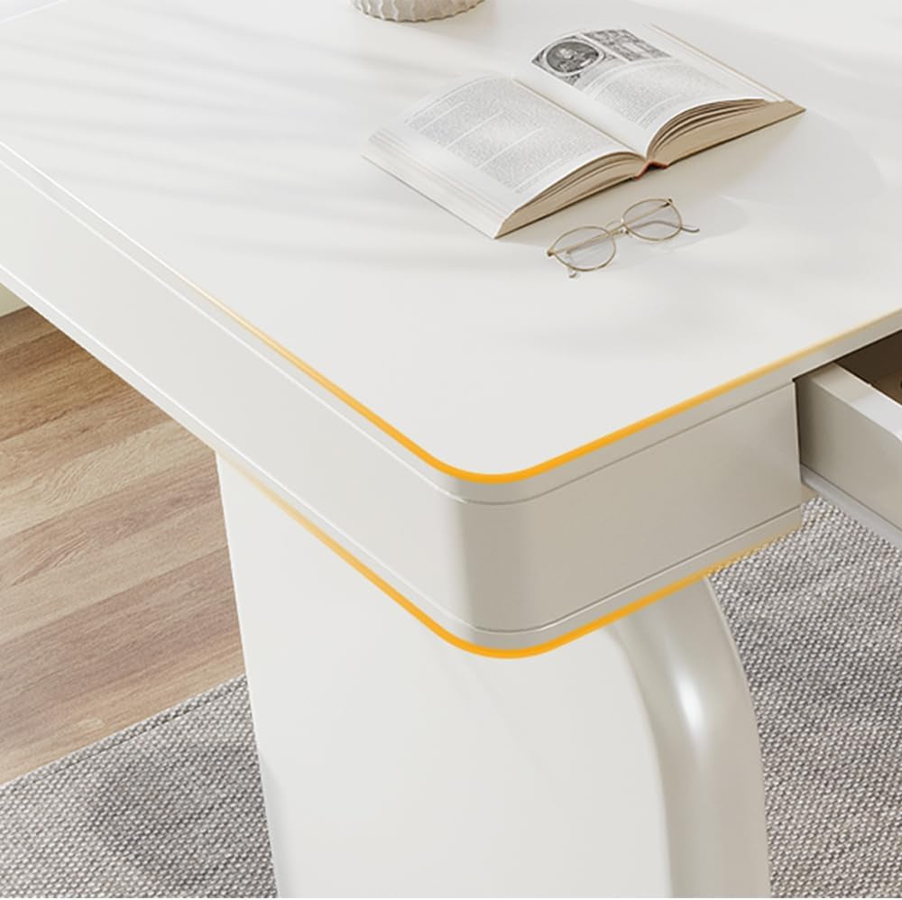 White Desk with Drawers, 63-Inch Modern Executive Office Desk, Glossy Elegant Work Study Desk Writing Table for Home Office, Cream White