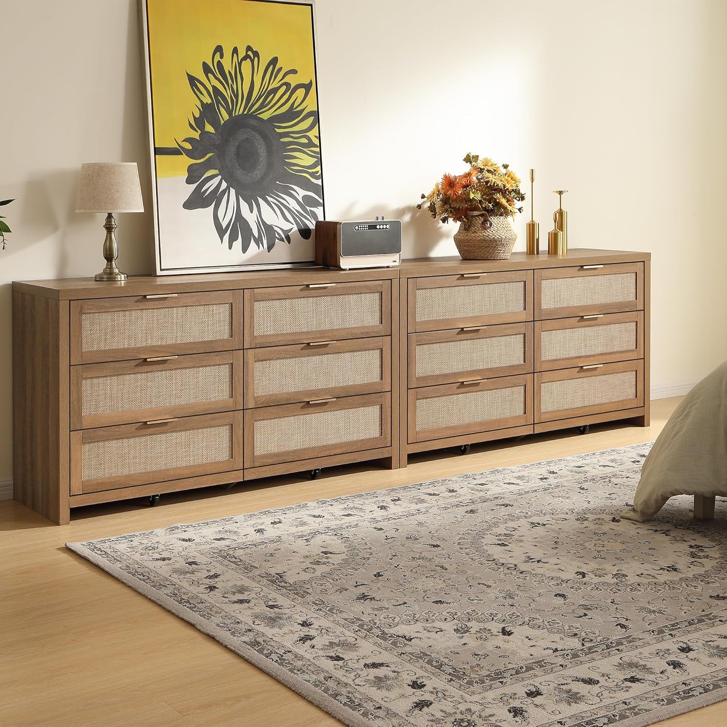Rattan Dresser for Bedroom, 56.9" Wide 6 Drawer Dresser with Ample Storage, Dressers Large Chest of Drawers, Closet, Boho TV Stand for Bedroom (Reclaimed Caramel Oak, 1 Piece)