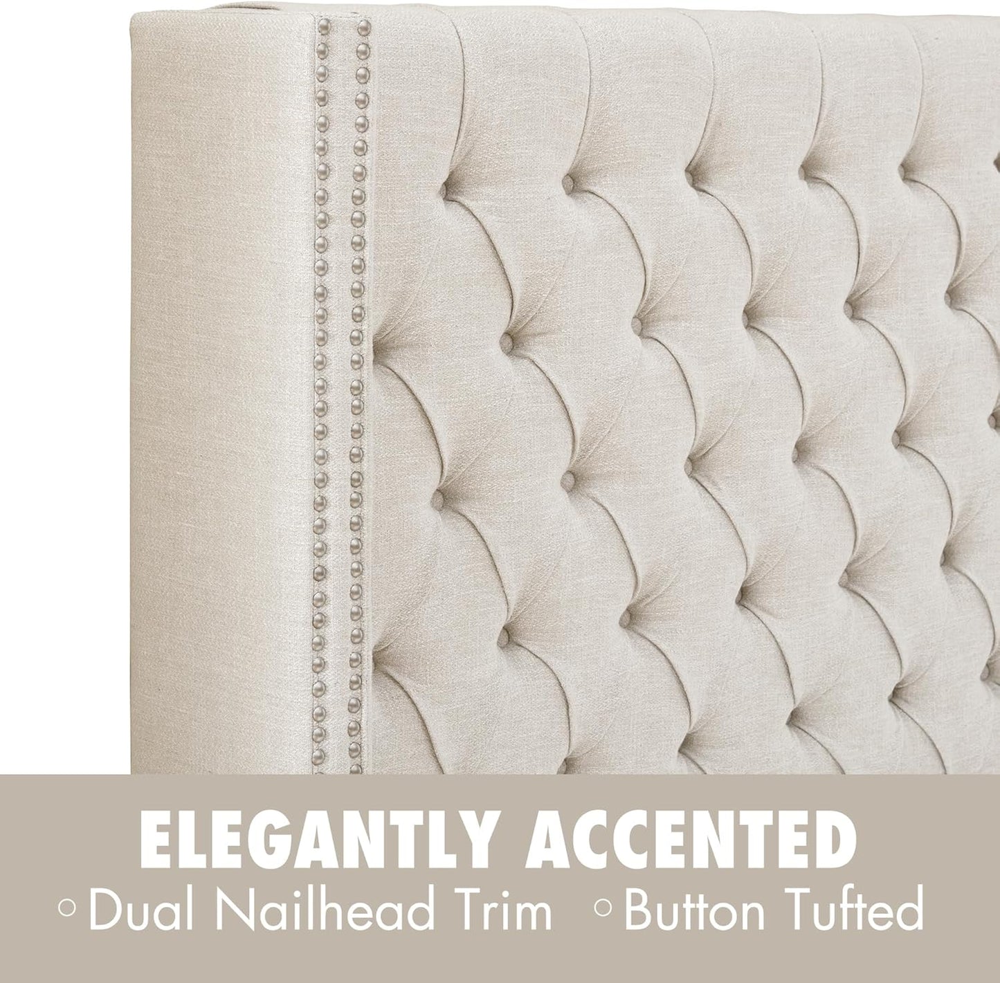 Amelia Upholstered Headboard | Nail Head Trim Wingback Button Tufted | Queen, Cream