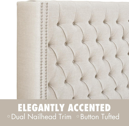 Amelia Upholstered Headboard | Nail Head Trim Wingback Button Tufted | Queen, Cream