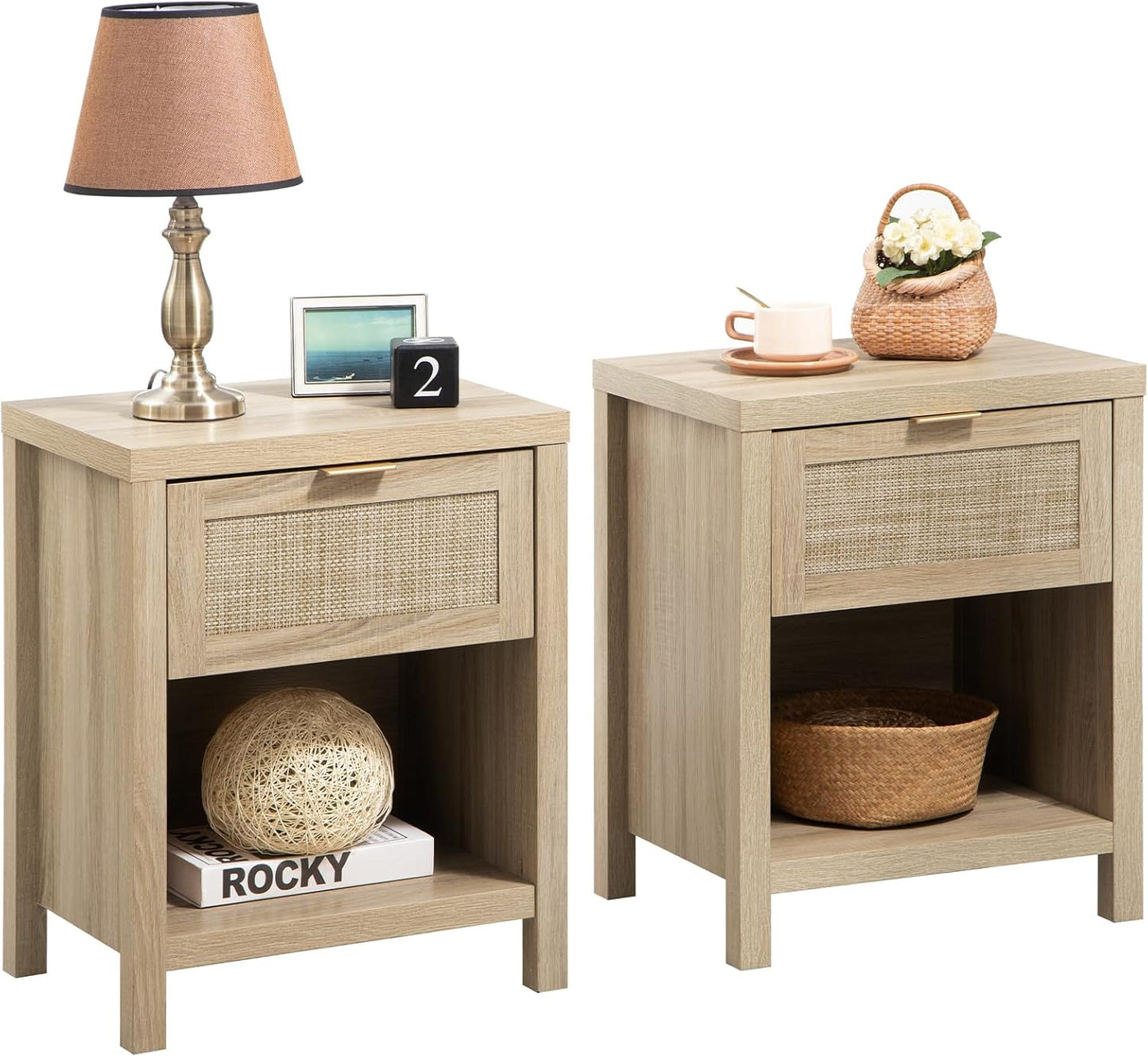 Rattan Nightstands Set of 2, Farmhouse Night Stand Bedside Table with Drawer and Storage Shelf - Boho End Side Table for Bedroom, Light Oak