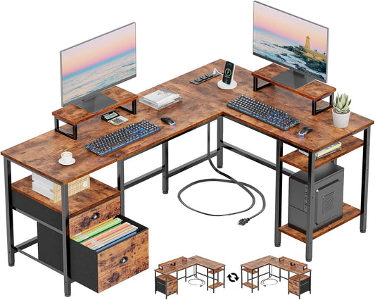 59” L Shaped Desk with Power Outlet, Reversible Computer Desk with File Drawer & 2 Monitor Stands, Corner Home Office Table with Storage Shelves for Gaming Writing, Rustic Brown