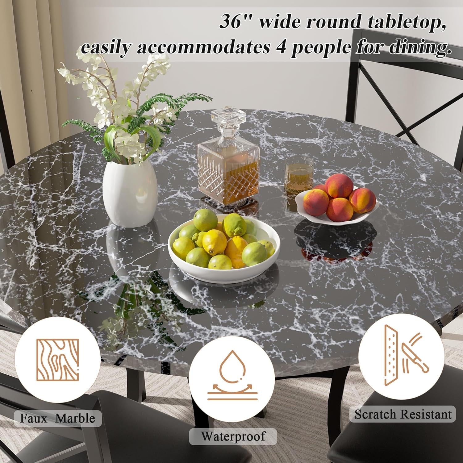 5 Piece Dining Table Set for 4, Faux Marble Dinette with Chairs for Kitchen, Breakfast Nook, Small Space, Black