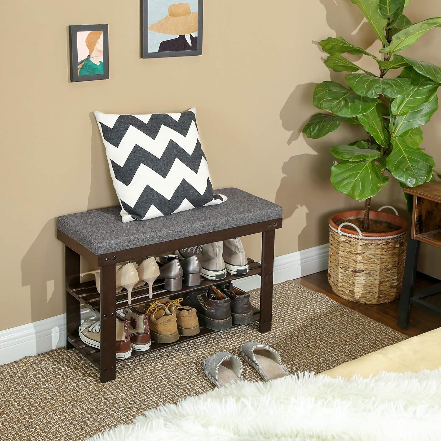Bamboo Shoe Bench, 3-Tier Shoe Rack Organizer for Entryway, Living Room, Bench Seat Holds up to 300 Lb, 11.9 X 28.3 X 19.2 Inches, Rustic Walnut and Slate Gray ULBS604CG