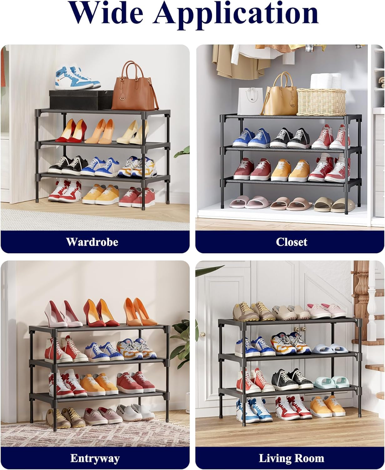 Shoe Rack - Non-Woven Shoe Rack Shelf, Shoe Organizer for Closet, Entryway, Garage & Corridor, Stackable Shoe Shelves, 27.5" Wide - 3 Tier, Black