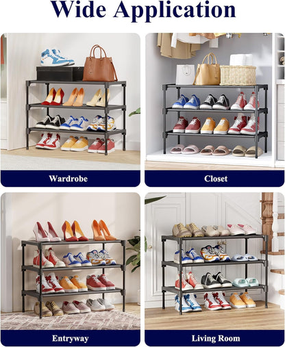 Shoe Rack - Non-Woven Shoe Rack Shelf, Shoe Organizer for Closet, Entryway, Garage & Corridor, Stackable Shoe Shelves, 27.5" Wide - 3 Tier, Black