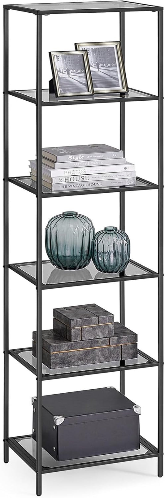 Bookcase, 6-Tier Bookshelf, Slim Shelving Unit for Bedroom, Bathroom, Home Office, Tempered Glass, Steel Frame, Ink Black and Slate Gray ULGT500G01