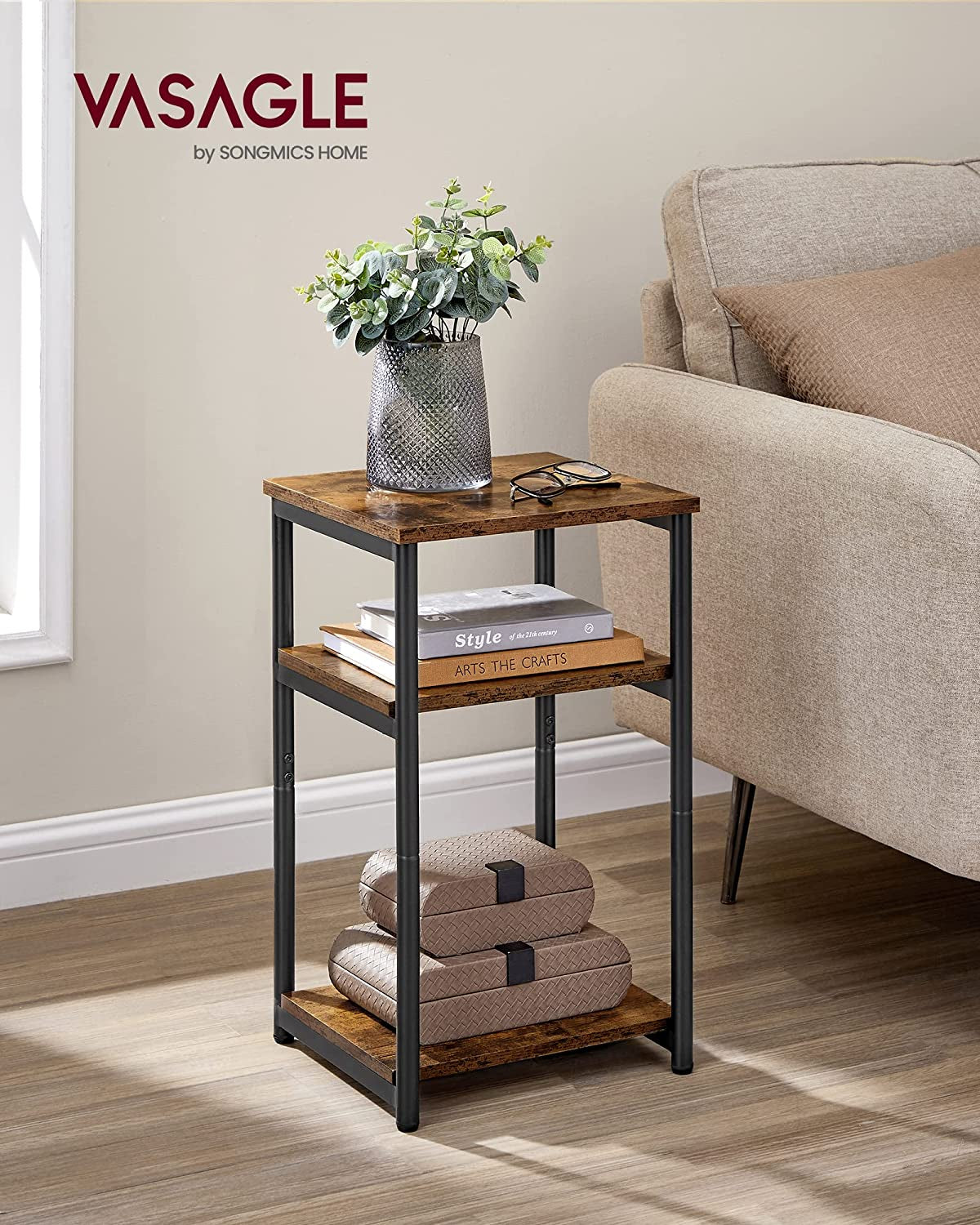Side Table, Small End Table, Tall Nightstand for Living Room, Bedroom, Office, Bathroom, Rustic Brown and Classic Black ULET273B01