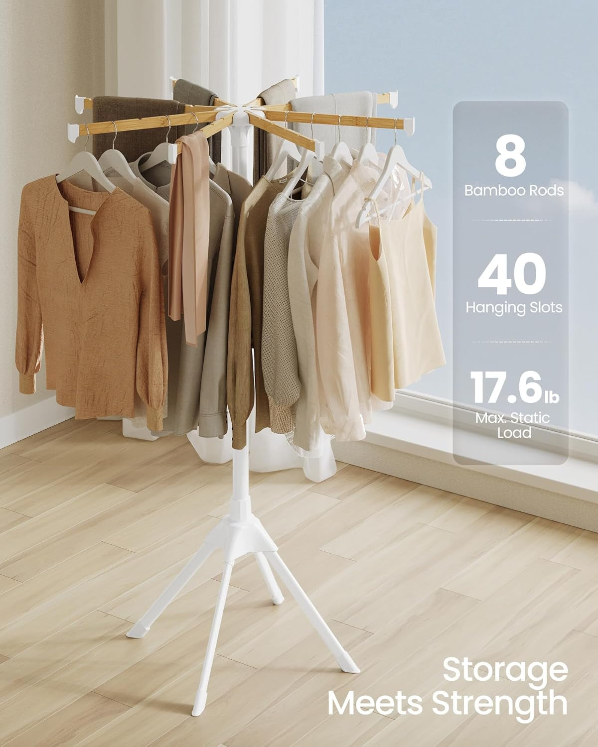 Clothes Drying Rack, with Bamboo Hanging Rods, Foldable Metal Laundry Rack, Space-Saving, Free-Standing Airer, Indoor Use, White and Natural ULLR516W01