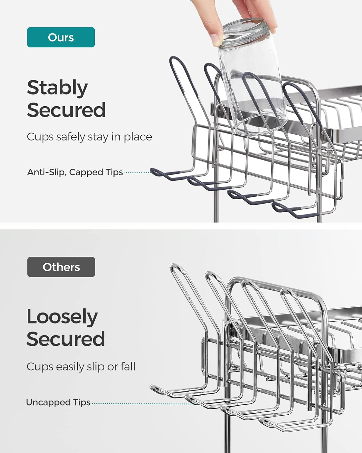 Dish Drying Rack - 2 Tier Dish Rack for Kitchen Counter with Rotatable and Extendable Drain Spout, Dish Drainer with Utensil, Cup, Glass, Cutting Board Holders, Silver and Gray UKCS032E01