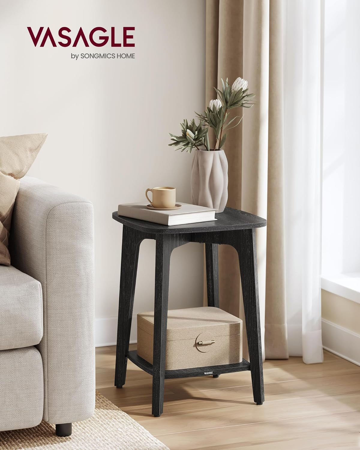 MAEZO Collection - Side Table, 2-Tier Small Square End Table, Nightstand with Tapered Legs, Curved Transitions, for Small Spaces, Living Room, Bedroom, Charcoal Gray ULET236B01