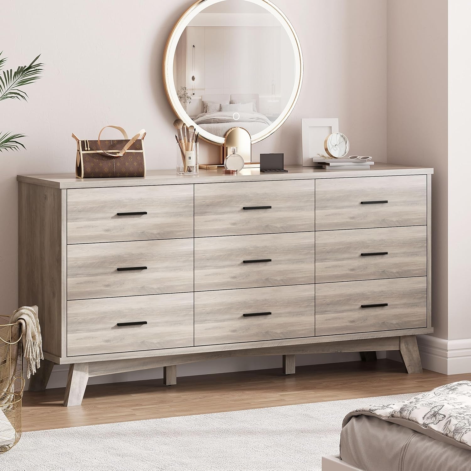 Dresser for Bedroom, 9 Drawer Wide Modern Chest of Drawers with X-Shaped Sturdy Base, Wood Double Dresser Closet Clothes Storage Organizer, Wooden TV Stand for Living Room, Hallway, Grey