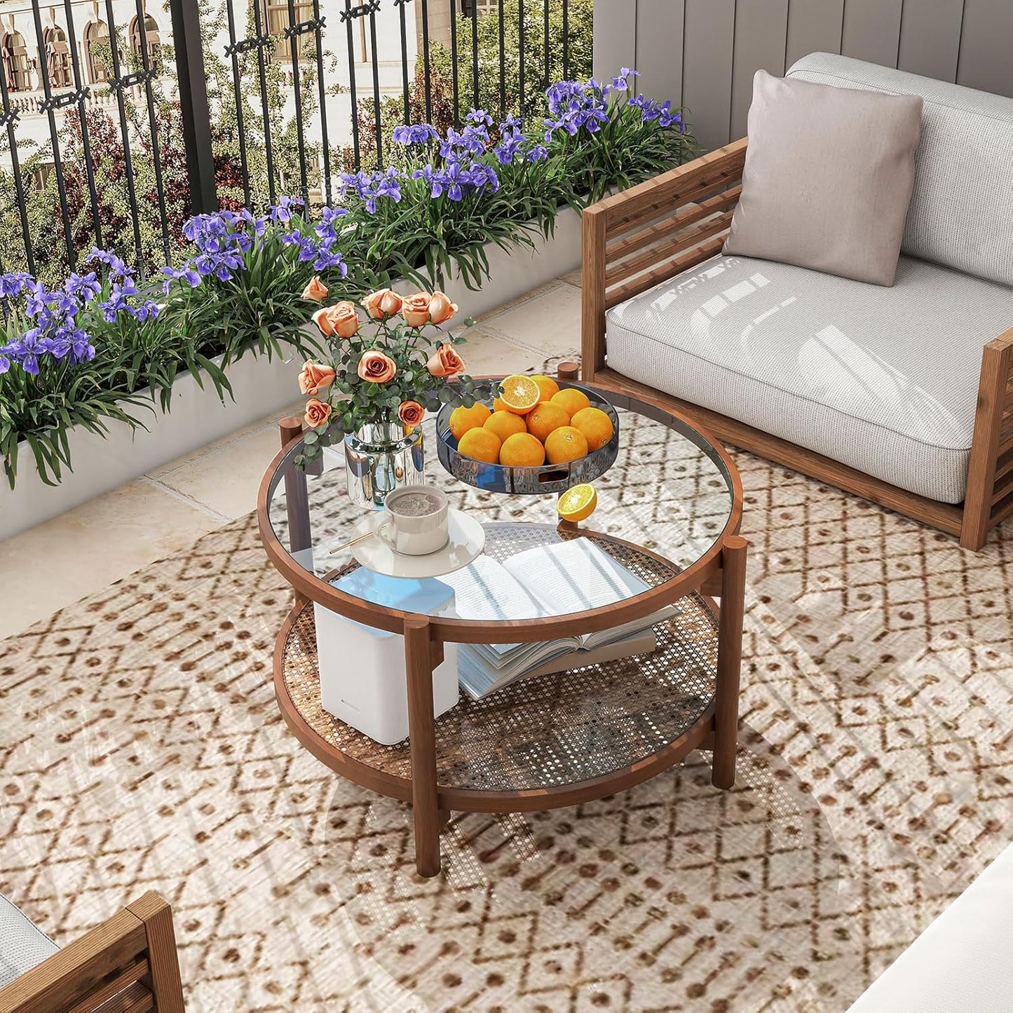 Rattan Coffee Table, Boho round Glass Tea Table with PE Rattan Storage Shelf & Wood Frame, 2 Tier Accent Center Table for Living Room, Apartment, Small Space