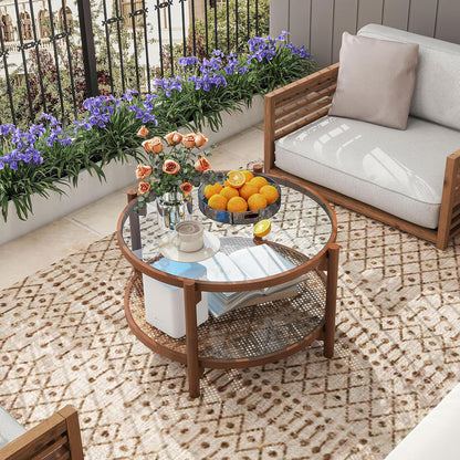 Rattan Coffee Table, Boho round Glass Tea Table with PE Rattan Storage Shelf & Wood Frame, 2 Tier Accent Center Table for Living Room, Apartment, Small Space