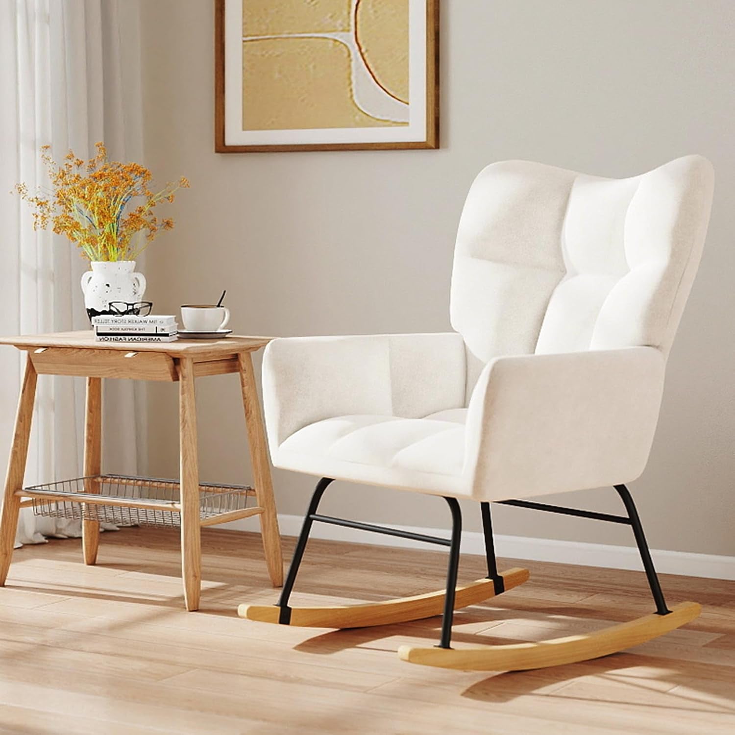 Nursery Rocking Chair, Rocking Chairs for Nursery, Baby Rocker Chair, Glider Rocker, Anti-Tip Safety Design, 440 Lb Weight Capacity, Cotton Fabric Cover, White