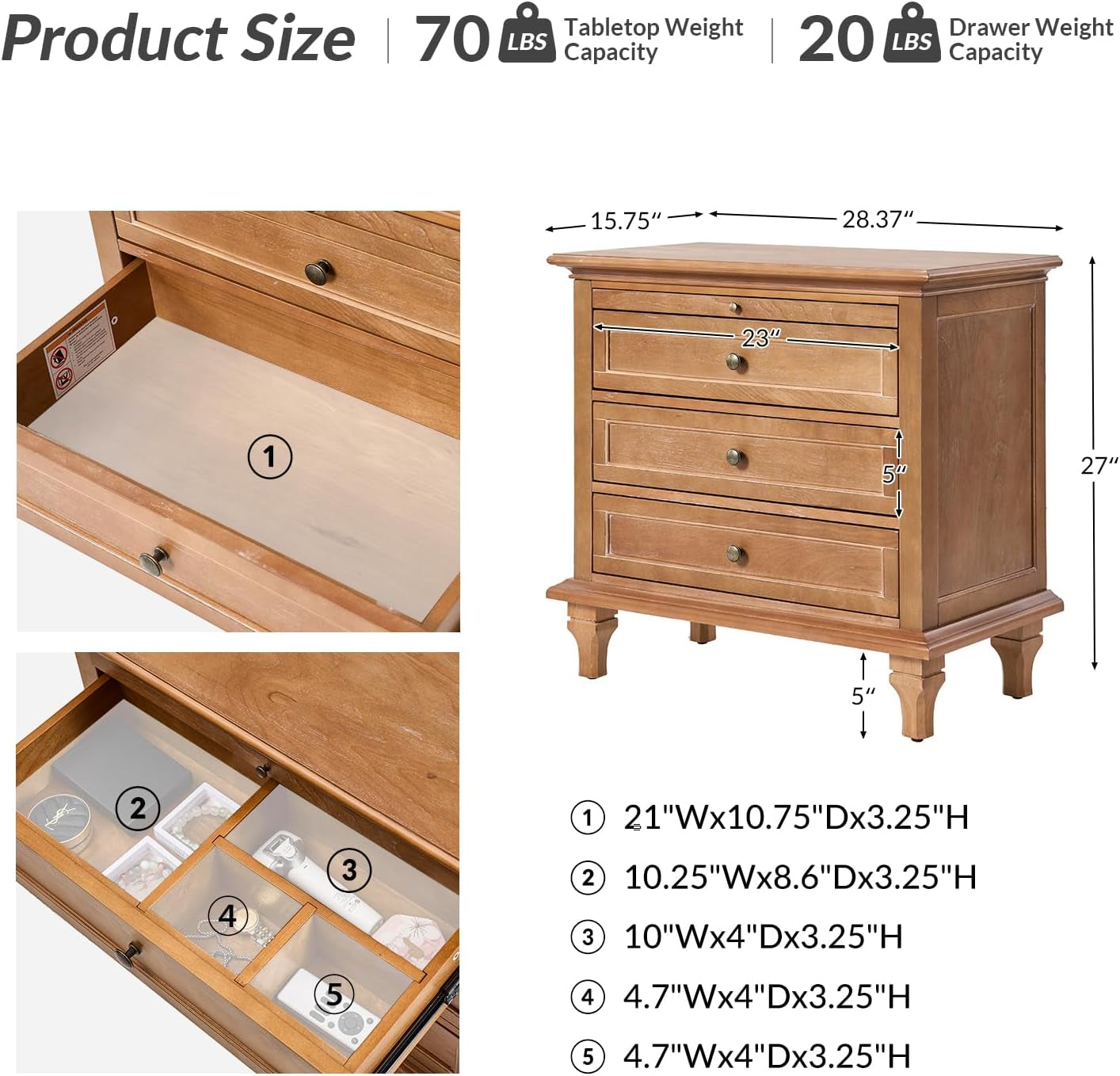 Farmhouse 3 Drawer Nightstand with Tray, Drawer Organizer with Solid Wood Legs, Nightstand with Charging Station,Acorn