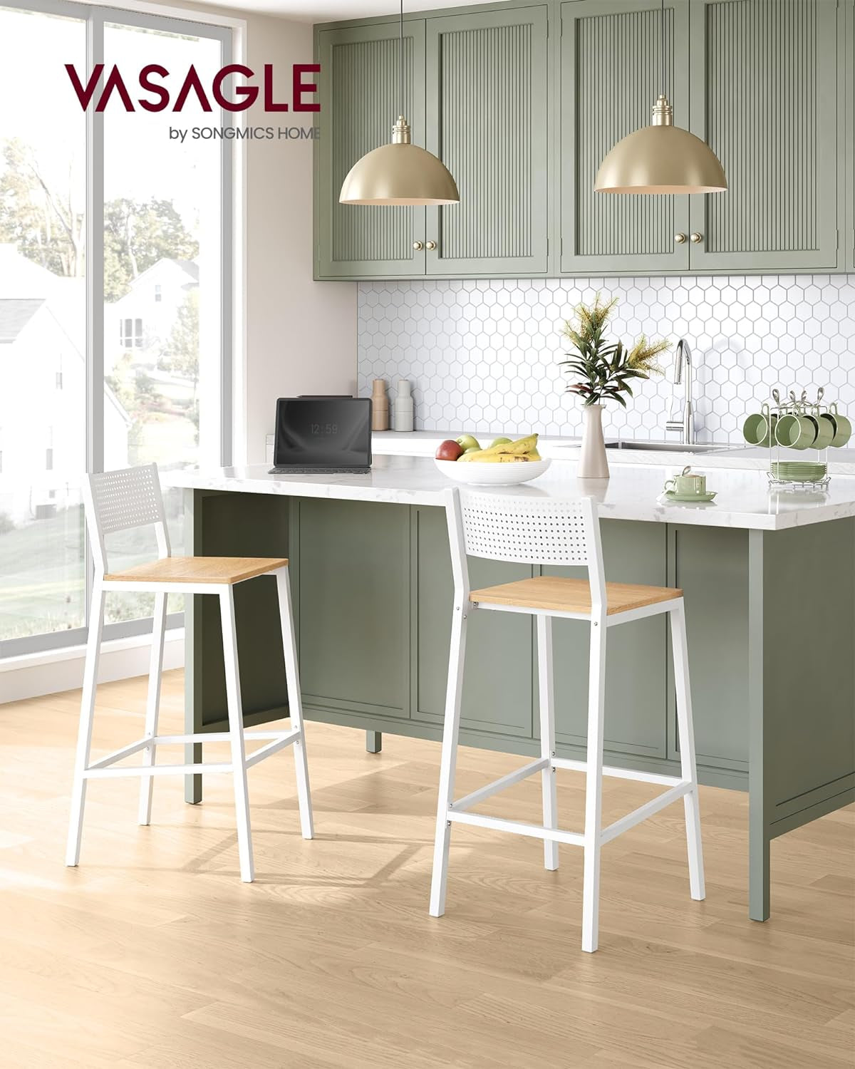 Bar Stool Set of 2, Bar Chairs for Kitchen, Dining Room, Industrial, Oak Beige and White ULBC070W09