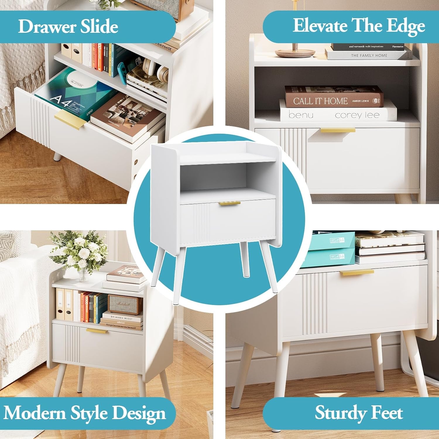 Night Stand Modern End Table with Storage Drawer and Open Shelf, Small Bedside Table, Wooden Sofa Side Stand for Bedroom,Study Room and Small Spaces (White)