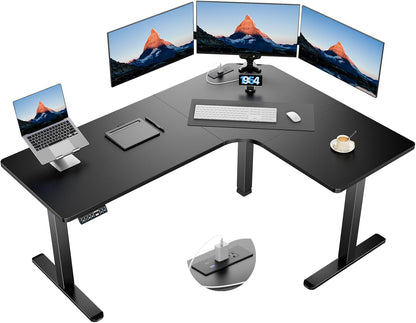 63″ Dual Motor L-Shaped Standing Desk, Built-In Power Outlets, Electric Height Adjustable Corner Computer Desk, Large Power Strip Holder, Sit Stand up Desk with 3 Preset Heights, Black