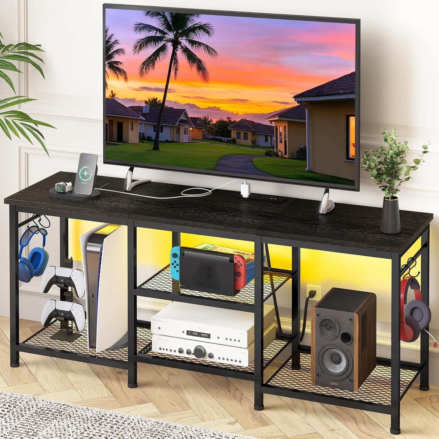Black TV Stand Entertainment Center for 55 Inch Tvs, with Charging Station and Lights Open Storage Shelves, TV Media Console, Open Storage Shelf with Sound Rack for Living Room, Bedroom