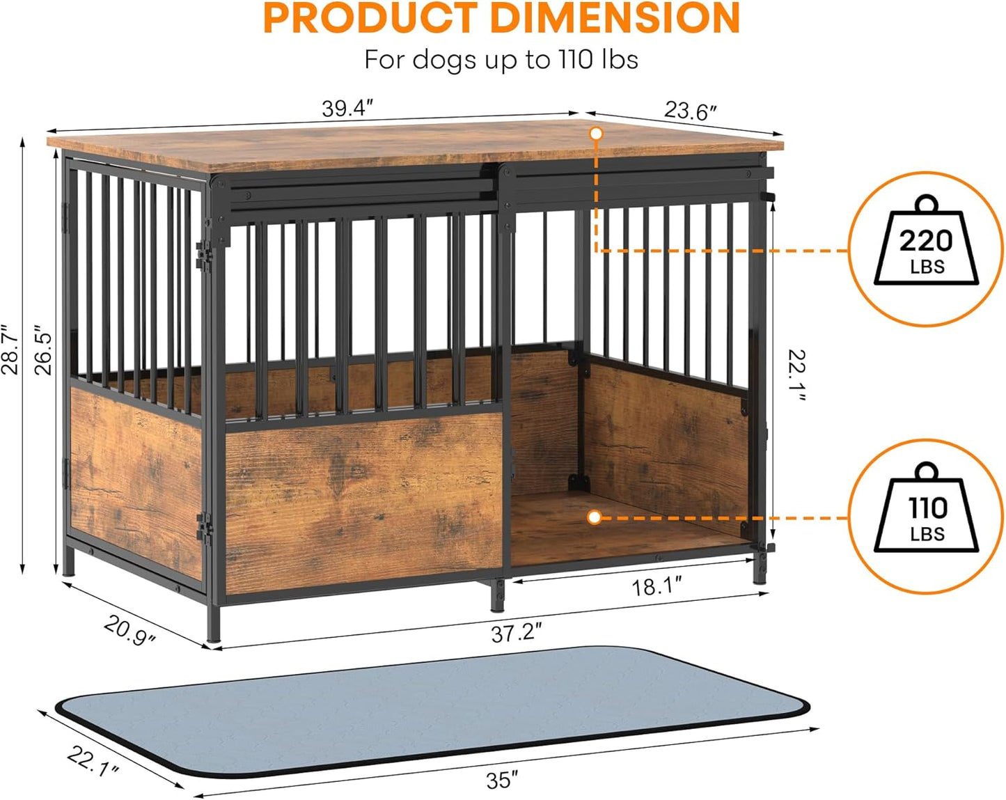 40 Inch Dog Crate Furniture, Heavy Duty Dog Kennel Indoor with Cushion & Double Doors, Wooden Dog Cage Side End Table for Medium Large Dogs, Grey