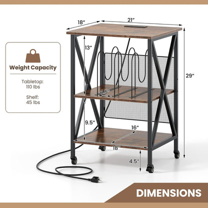 Record Player Stand with Charging Station, Turntable Stand with Record Storage & 4 Rolling Wheels, Vinyl Record Storage Table up to 250 Albums for Living Room, Bedroom (Dark Brown)