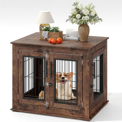 Farmhouse Dog Crate Furniture End Table - Heavy Duty Wooden Kennel Cabinet with Double Doors for Small/Medium Dogs, Rustic Brown Indoor Dog House Furniture Console for Living Room