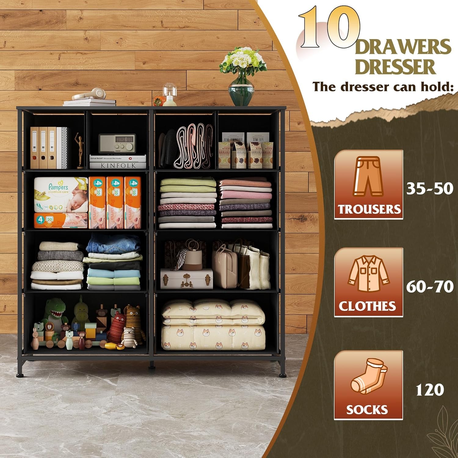 Dresser for Bedroom with 10 Fabric Drawers, Tall Chest Organizer Units for Clothing, Closet, Storage Tower with Cabinet, Metal Frame, Wooden Top, Black Dresser for Living Room