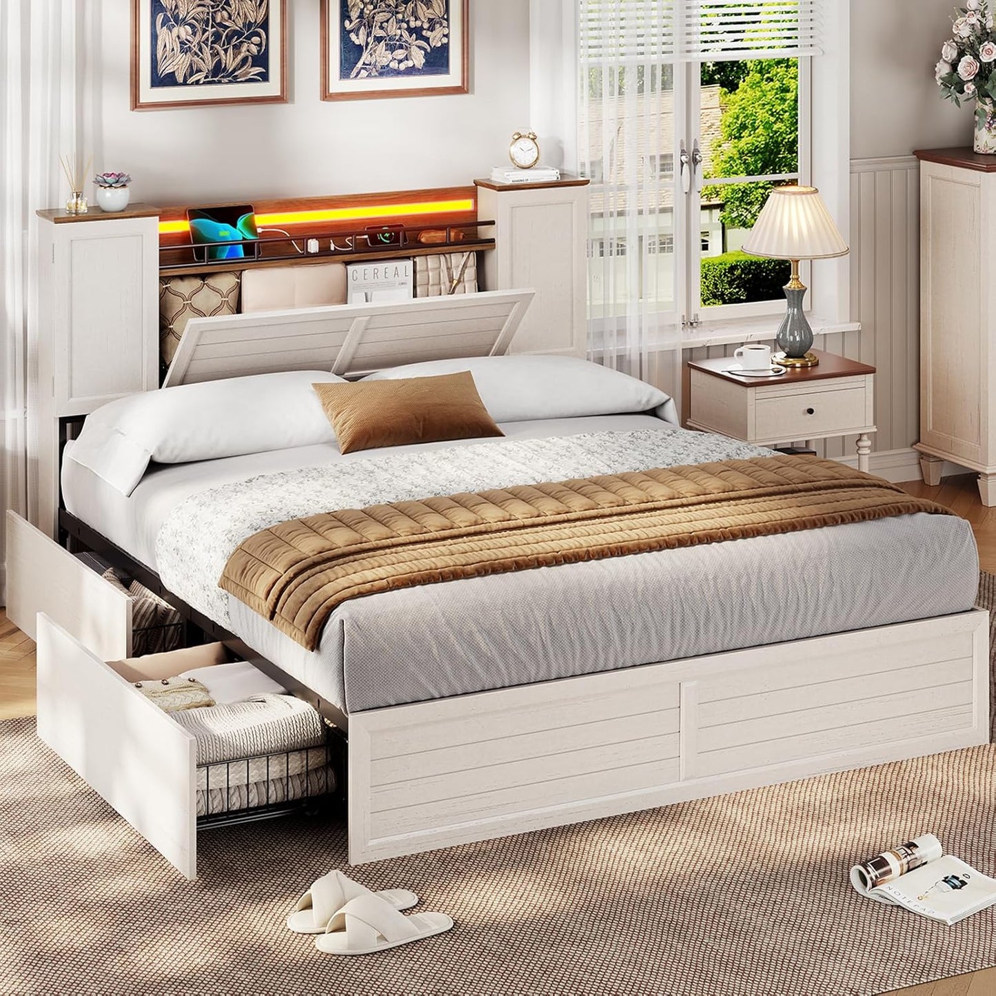 Farmhouse Queen Bed Frame with Headboard and Double Barn Door Storage Cabinets, Rustic Wooden Bed Frame Queen Size with Charging Station, 4 Drawers and LED Lights, No Box Spring Needed, White