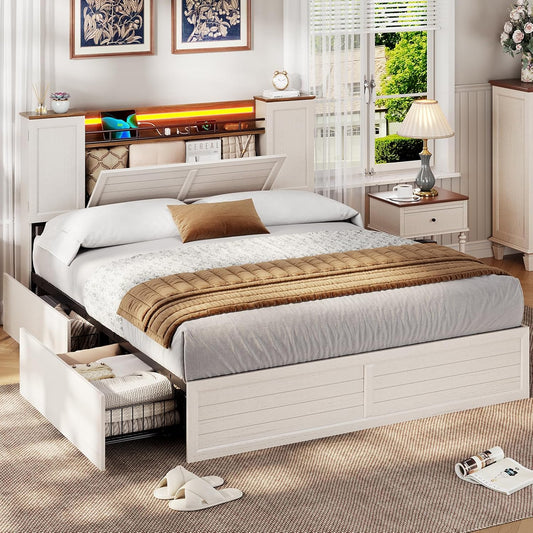 Farmhouse Queen Bed Frame with Headboard and Double Barn Door Storage Cabinets, Rustic Wooden Bed Frame Queen Size with Charging Station, 4 Drawers and LED Lights, No Box Spring Needed, White
