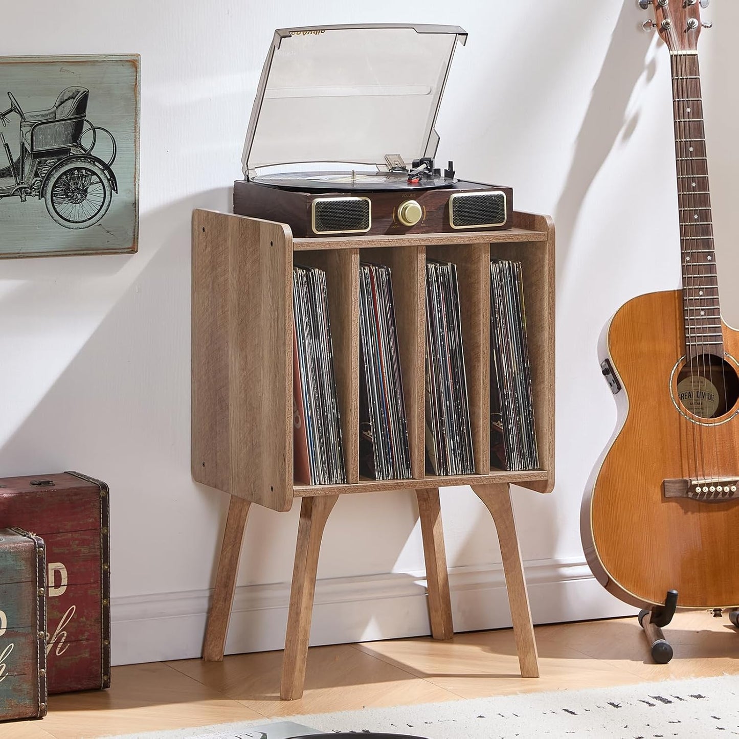 Record Player Stand,Vinyl Record Storage Table with 4 Cabinet up to 100 Albums,Mid-Century Modern Turntable Stand with Wood Legs,Oak Grey Vinyl Holder Display Shelf for Bedroom Living Room