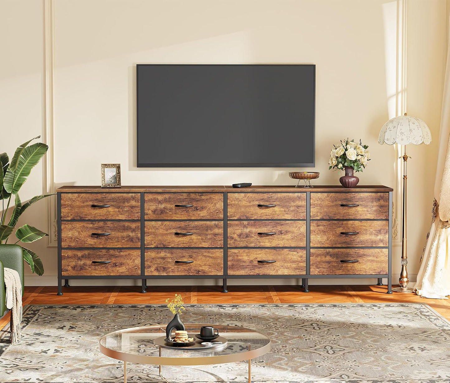 70 Inch Dresser for Bedroom, TV Stand for 65, 75, 80 Inch TV, 12 Fabric Drawer Long Dresser, Large Entertainment Center for Bedroom, Wide Chest of Drawer with Storage, Rustic Brown