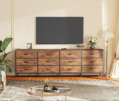 70 Inch Dresser for Bedroom, TV Stand for 65, 75, 80 Inch TV, 12 Fabric Drawer Long Dresser, Large Entertainment Center for Bedroom, Wide Chest of Drawer with Storage, Rustic Brown