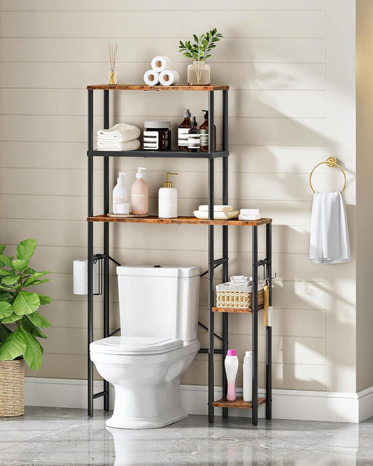 Over the Toilet Storage, 6-Tier Bathroom Organizer Shelf, Over-Toilet Storage Cabinet with Toilet Paper Hook, Space Saving, for Bathroom, Laundry, Entryway, Rustic Brown and Black TTS02BF