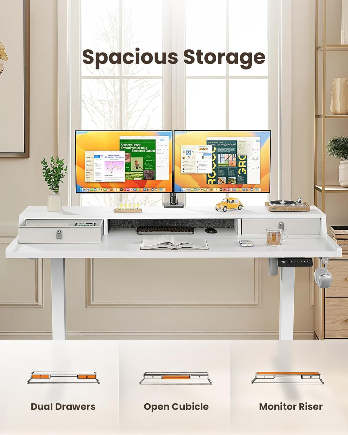 Electric Standing Desk with Drawers, 48″ X 24″ Gaming Table Compatible Monitor Stand, Stand up Desks, Home Office Height-Adjustable Desk with Storage Shelf, 4 Preset Heights, White